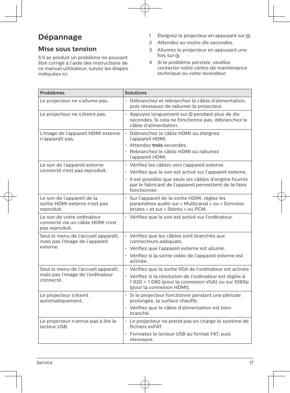 Dépannage, Mise sous tension | Philips NeoPix Easy 2+ HD LCD Projector User Manual | Page 38 / 154