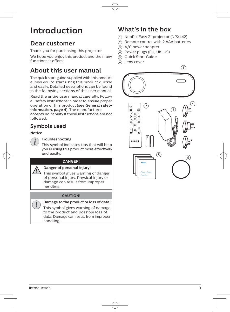 Introduction, Dear customer, About this user manual | What’s in the box, Symbols used | Philips NeoPix Easy 2+ HD LCD Projector User Manual | Page 4 / 154