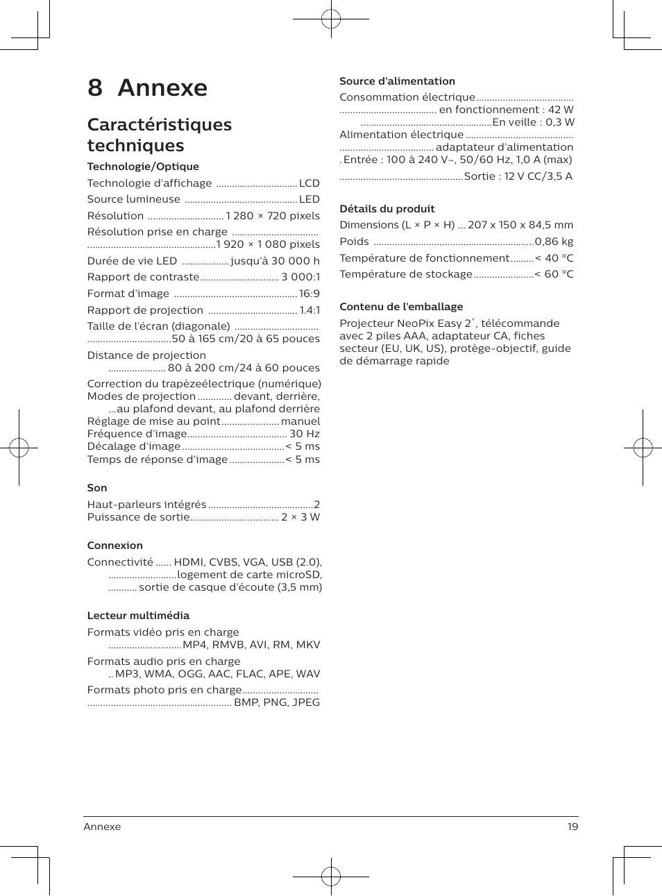 8 annexe, Caractéristiques techniques | Philips NeoPix Easy 2+ HD LCD Projector User Manual | Page 40 / 154