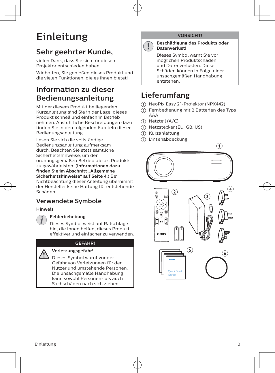 Einleitung, Sehr geehrter kunde, Information zu dieser bedienungsanleitung | Lieferumfang, Verwendete symbole | Philips NeoPix Easy 2+ HD LCD Projector User Manual | Page 46 / 154