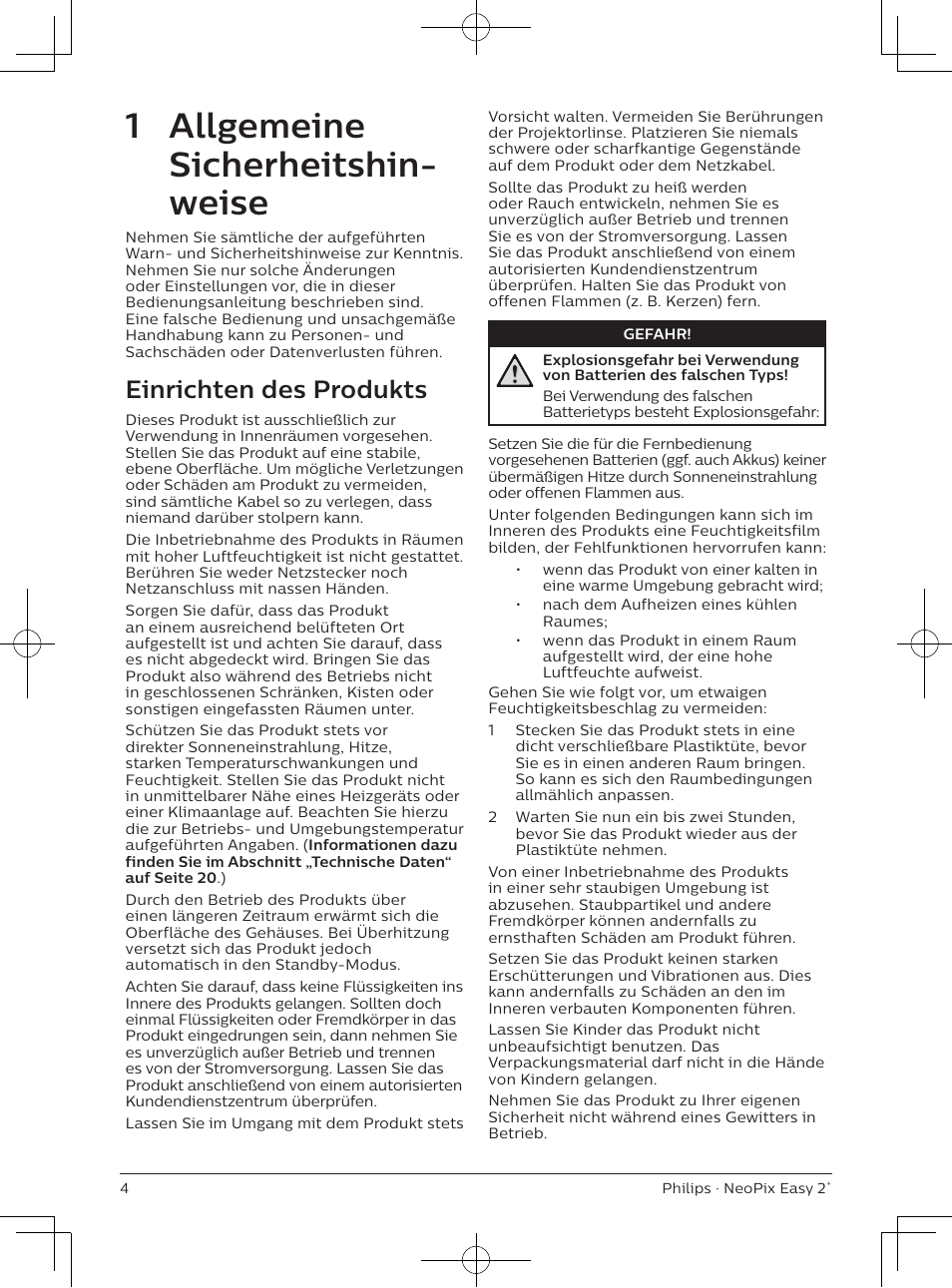 1 allgemeine sicherheitshin- weise, Einrichten des produkts | Philips NeoPix Easy 2+ HD LCD Projector User Manual | Page 47 / 154