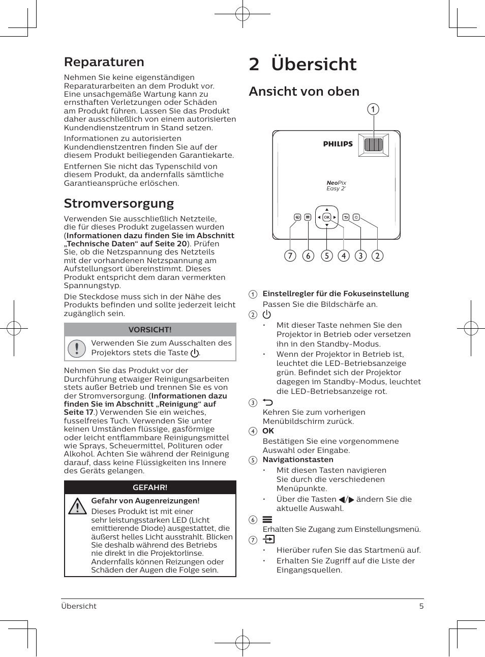 2 übersicht, Reparaturen, Stromversorgung | Ansicht von oben | Philips NeoPix Easy 2+ HD LCD Projector User Manual | Page 48 / 154