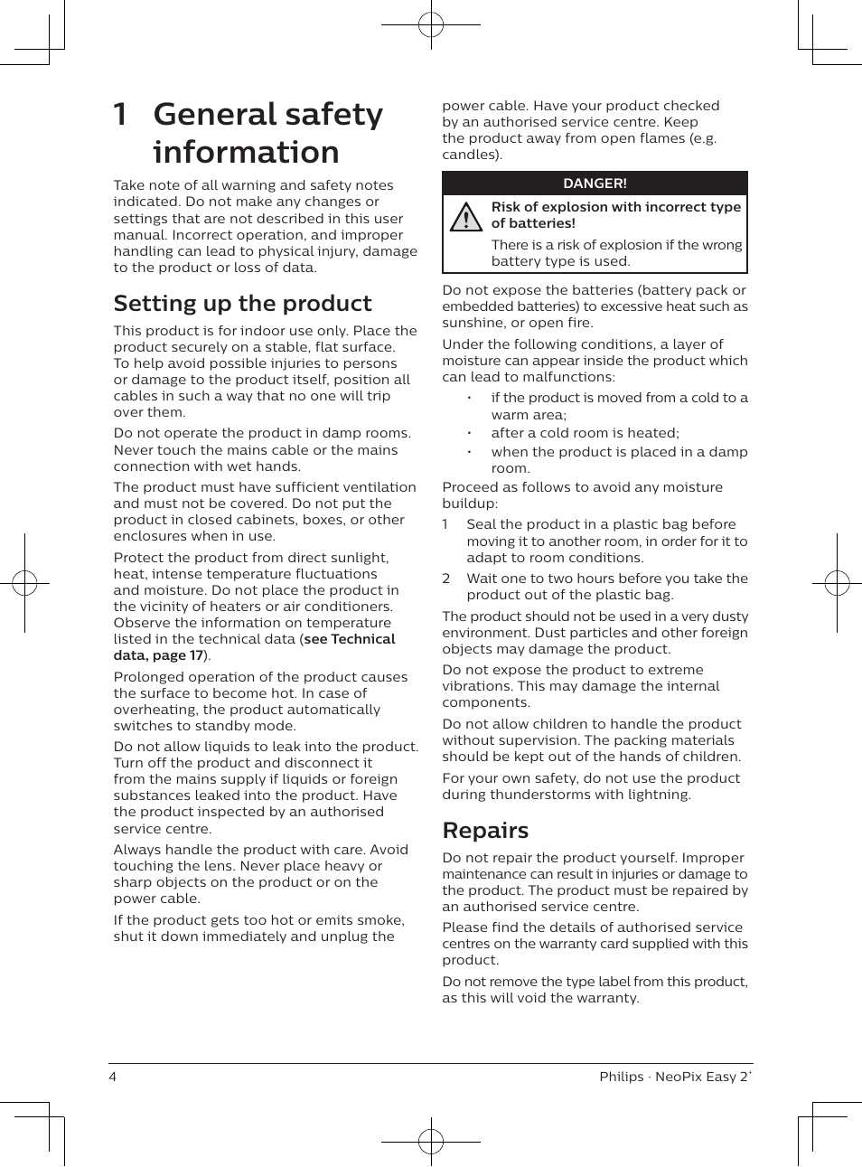 1 general safety information, Setting up the product, Repairs | Philips NeoPix Easy 2+ HD LCD Projector User Manual | Page 5 / 154