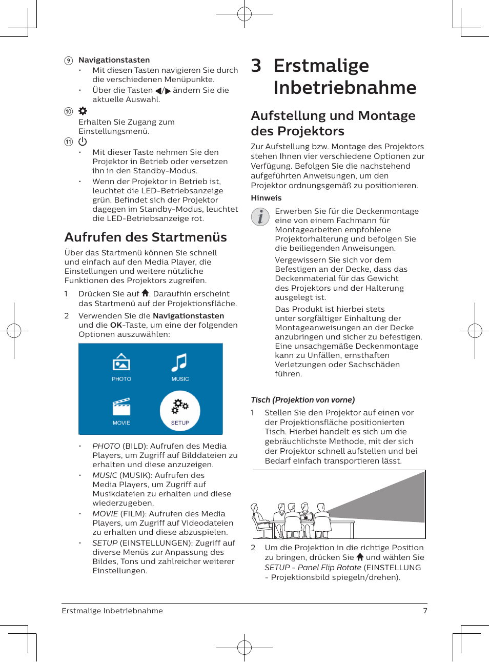 3 erstmalige inbetriebnahme, Aufrufen des startmenüs, Aufstellung und montage des projektors | Philips NeoPix Easy 2+ HD LCD Projector User Manual | Page 50 / 154