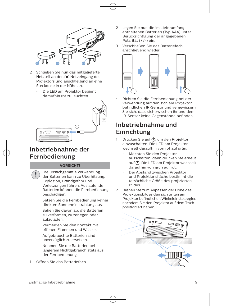 Inbetriebnahme der fernbedienung, Inbetriebnahme und einrichtung | Philips NeoPix Easy 2+ HD LCD Projector User Manual | Page 52 / 154