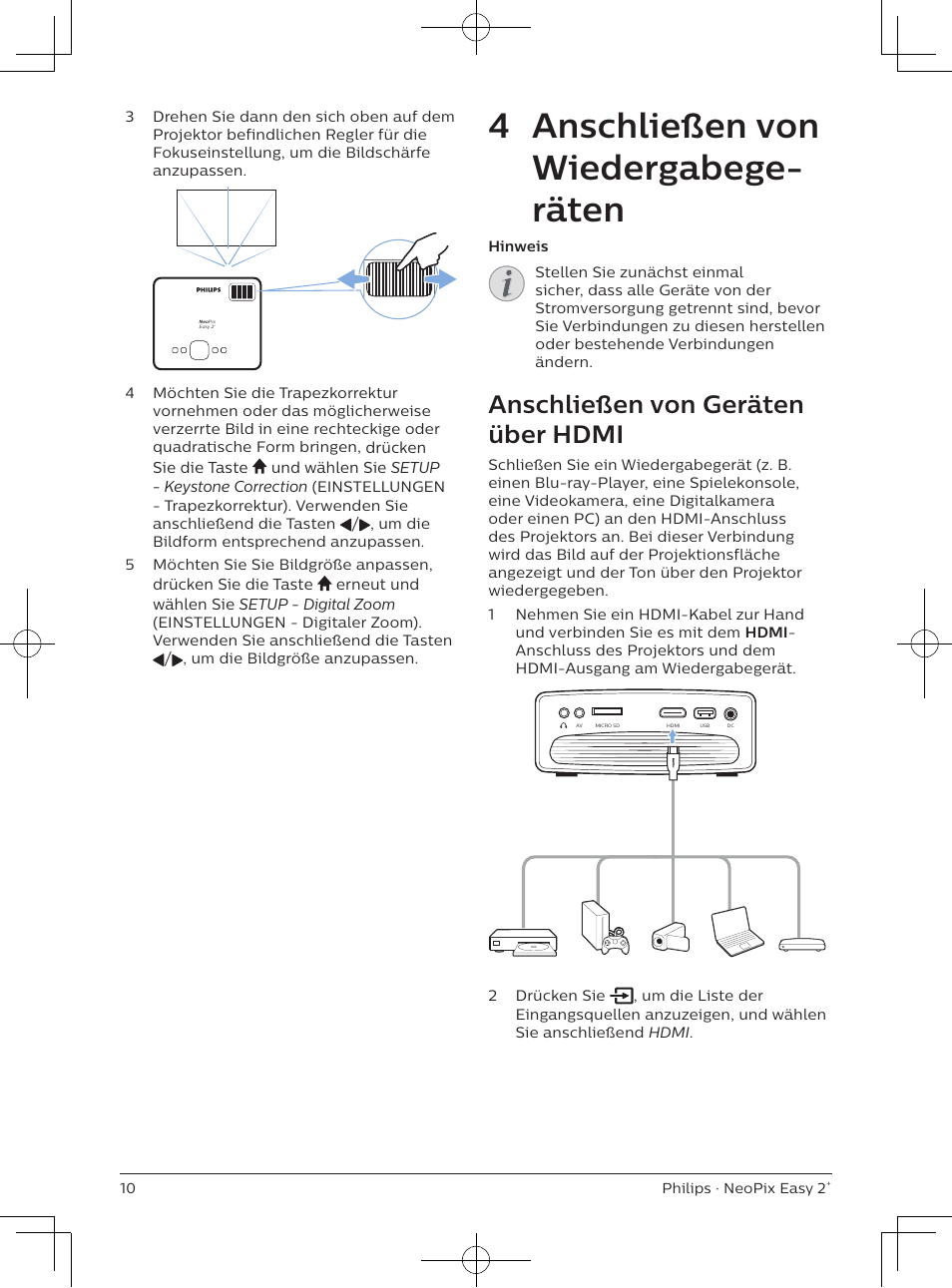 4 anschließen von wiedergabege- räten, Anschließen von geräten über hdmi | Philips NeoPix Easy 2+ HD LCD Projector User Manual | Page 53 / 154