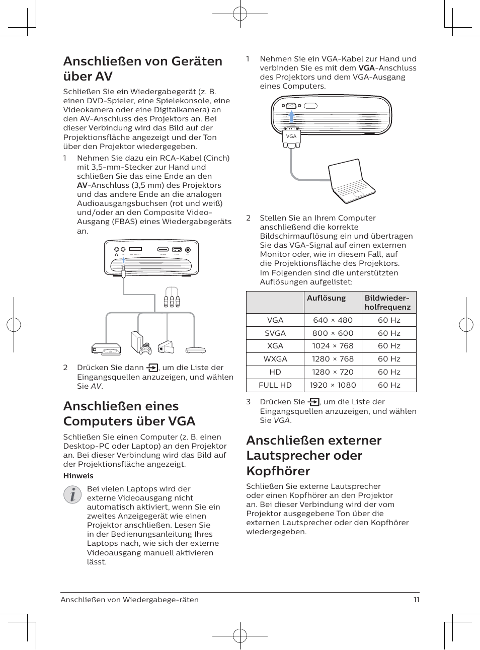 Anschließen von geräten über av, Anschließen eines computers über vga, Anschließen externer lautsprecher oder kopfhörer | Philips NeoPix Easy 2+ HD LCD Projector User Manual | Page 54 / 154