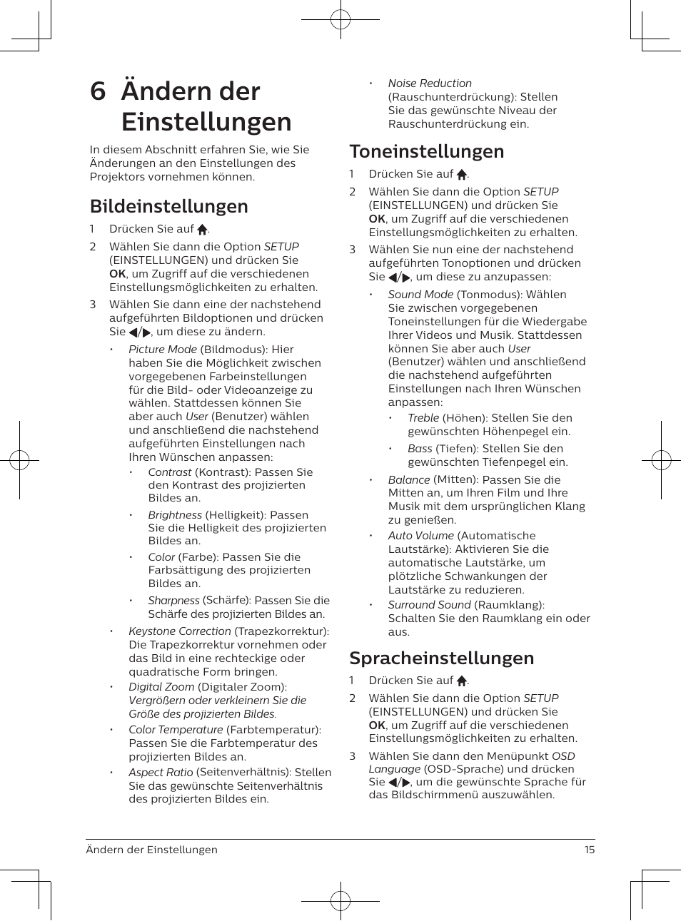 6 ändern der einstellungen, Bildeinstellungen, Toneinstellungen | Spracheinstellungen | Philips NeoPix Easy 2+ HD LCD Projector User Manual | Page 58 / 154