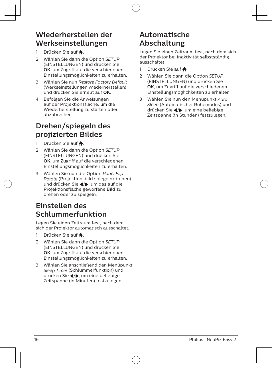 Wiederherstellen der werkseinstellungen, Drehen/spiegeln des projizierten bildes, Einstellen des schlummerfunktion | Automatische abschaltung | Philips NeoPix Easy 2+ HD LCD Projector User Manual | Page 59 / 154