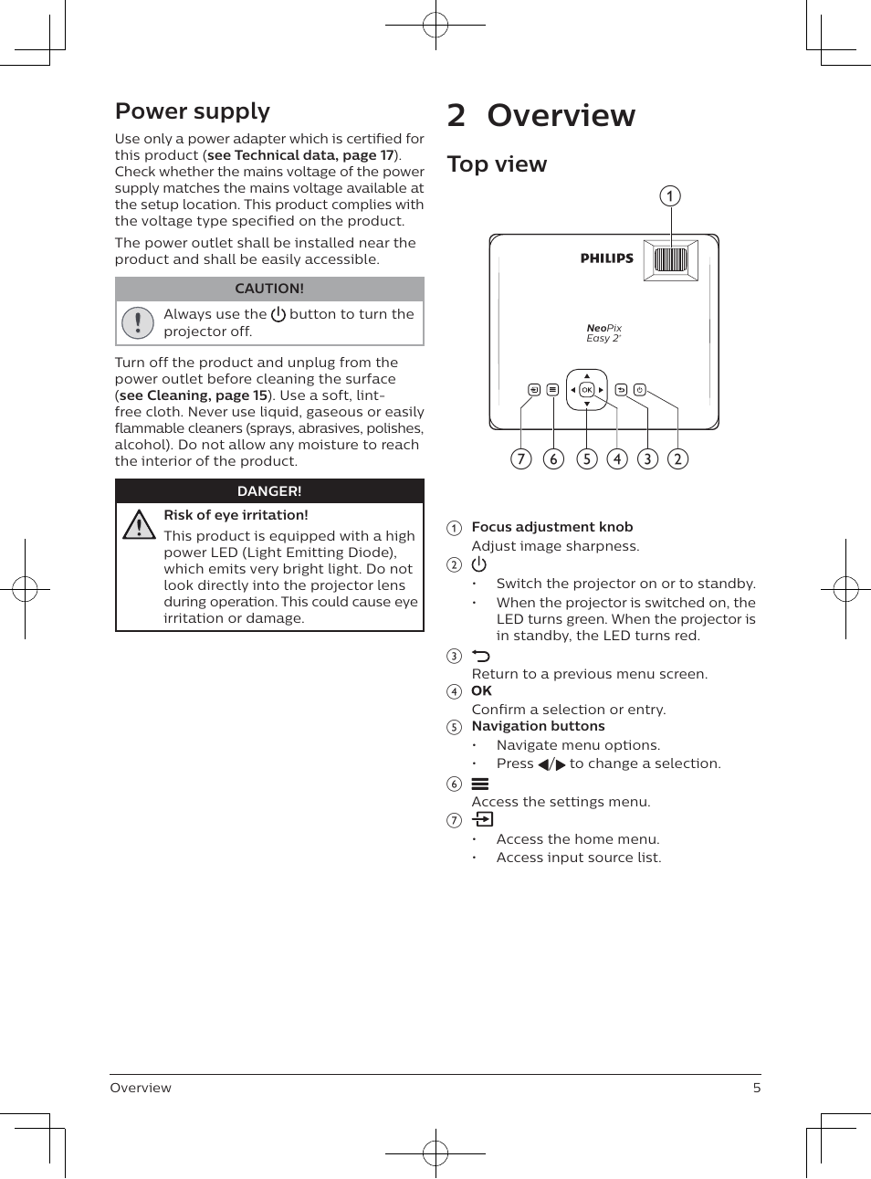 2 overview, Power supply, Top view | Philips NeoPix Easy 2+ HD LCD Projector User Manual | Page 6 / 154