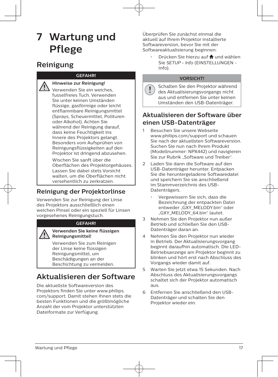 7 wartung und pflege, Reinigung, Aktualisieren der software | Reinigung der projektorlinse | Philips NeoPix Easy 2+ HD LCD Projector User Manual | Page 60 / 154