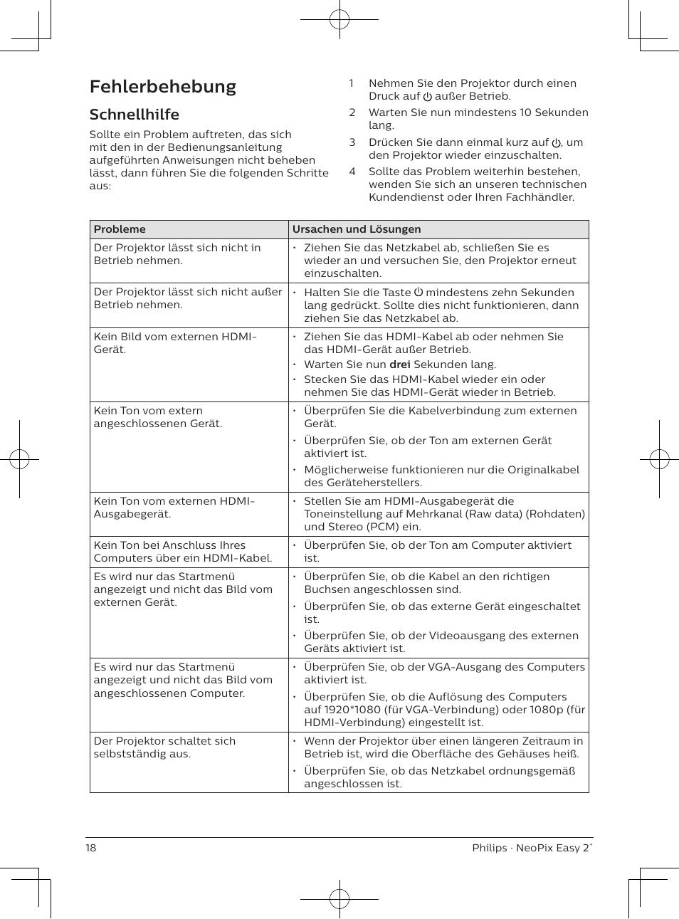 Fehlerbehebung, Schnellhilfe | Philips NeoPix Easy 2+ HD LCD Projector User Manual | Page 61 / 154