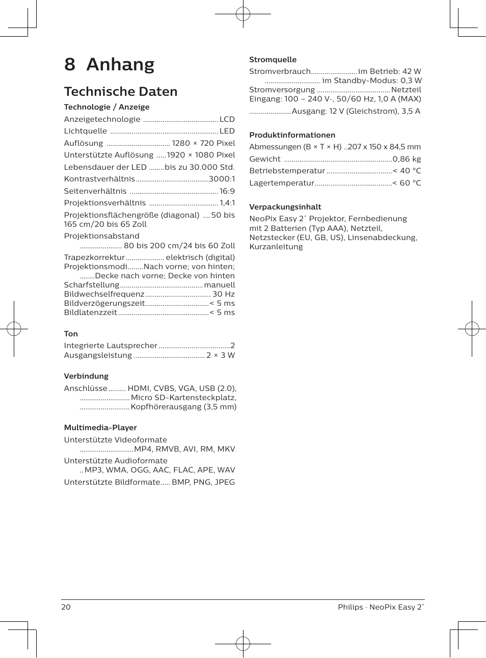 8 anhang, Technische daten | Philips NeoPix Easy 2+ HD LCD Projector User Manual | Page 63 / 154