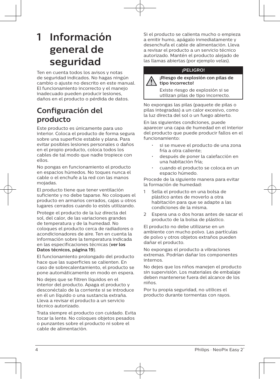 1 información general de seguridad, Configuración del producto | Philips NeoPix Easy 2+ HD LCD Projector User Manual | Page 70 / 154