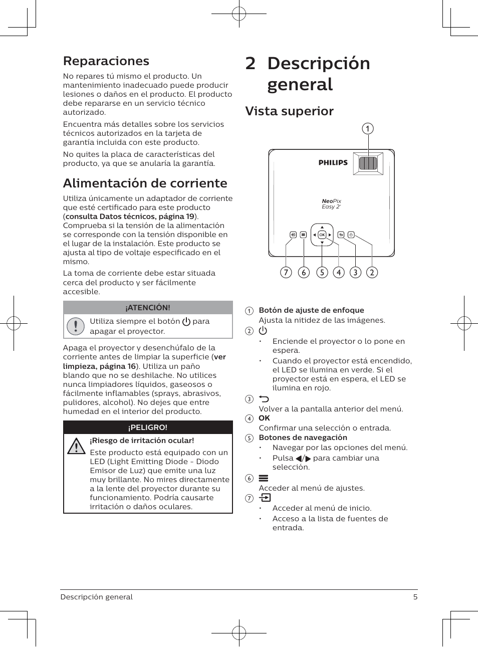 2 descripción general, Reparaciones, Alimentación de corriente | Vista superior | Philips NeoPix Easy 2+ HD LCD Projector User Manual | Page 71 / 154