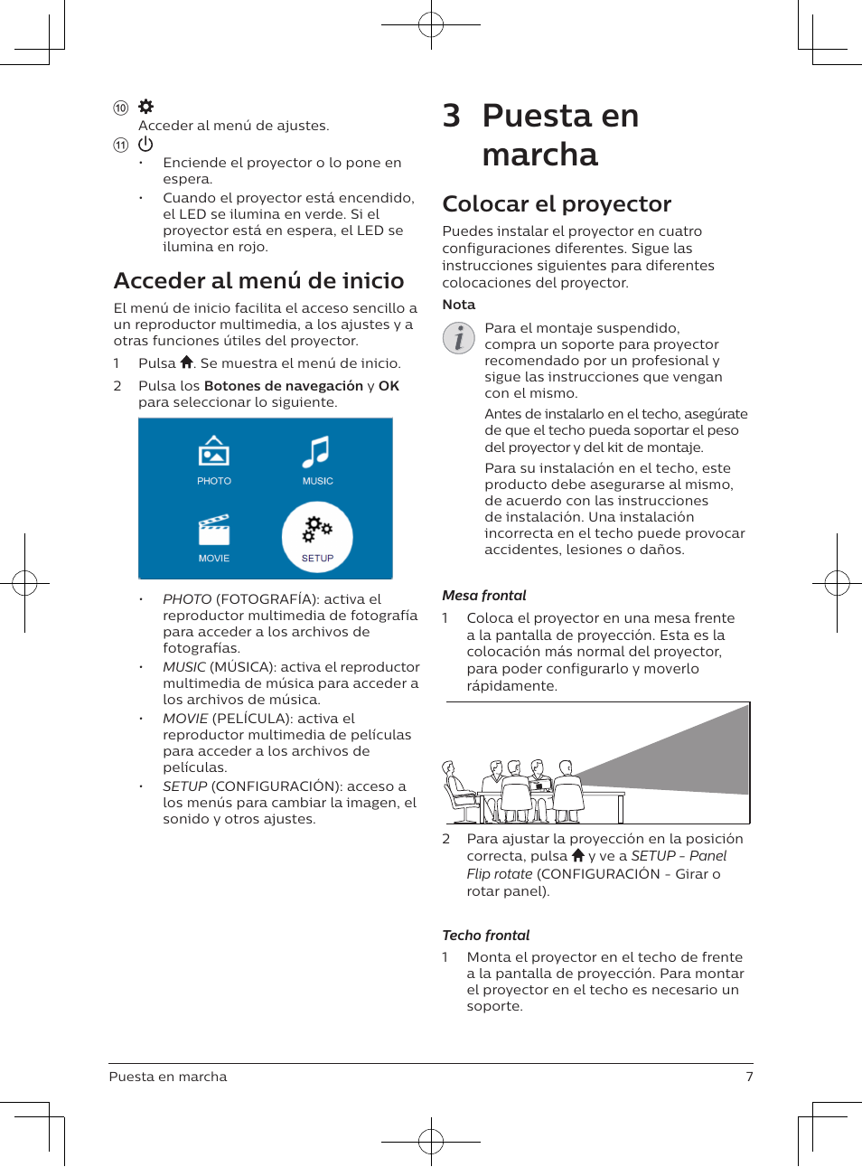 3 puesta en marcha, Acceder al menú de inicio, Colocar el proyector | Philips NeoPix Easy 2+ HD LCD Projector User Manual | Page 73 / 154