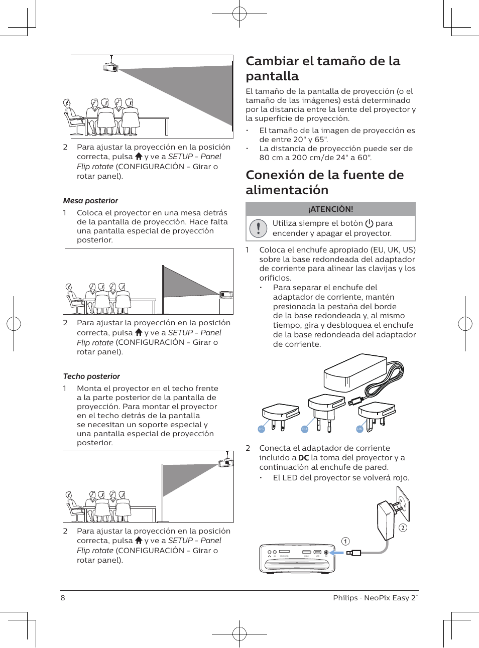 Cambiar el tamaño de la pantalla, Conexión de la fuente de alimentación | Philips NeoPix Easy 2+ HD LCD Projector User Manual | Page 74 / 154