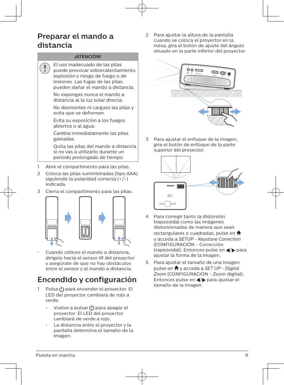 Preparar el mando a distancia, Encendido y configuración | Philips NeoPix Easy 2+ HD LCD Projector User Manual | Page 75 / 154