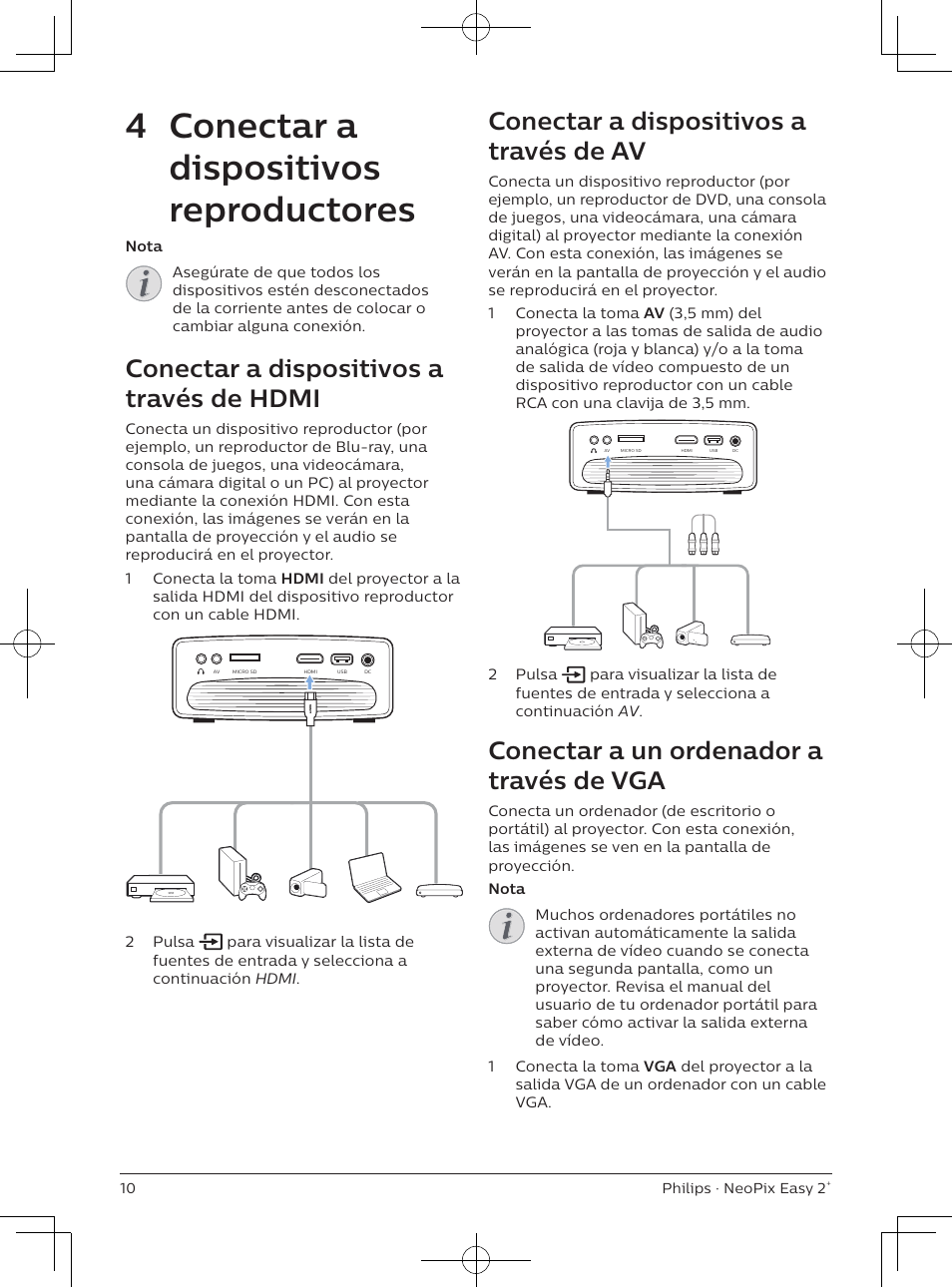 4 conectar a dispositivos reproductores, Conectar a dispositivos a través de hdmi, Conectar a dispositivos a través de av | Conectar a un ordenador a través de vga | Philips NeoPix Easy 2+ HD LCD Projector User Manual | Page 76 / 154