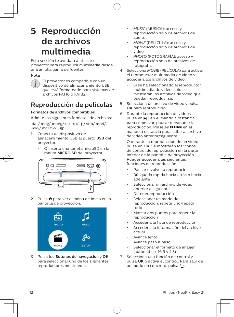 5 reproducción de archivos multimedia, Reproducción de películas | Philips NeoPix Easy 2+ HD LCD Projector User Manual | Page 78 / 154