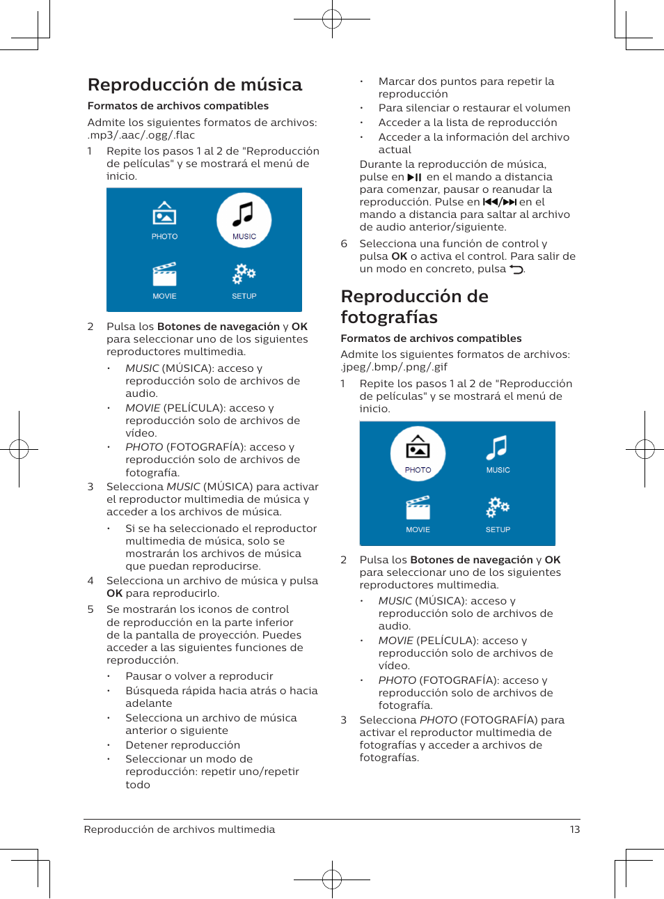 Reproducción de música, Reproducción de fotografías | Philips NeoPix Easy 2+ HD LCD Projector User Manual | Page 79 / 154