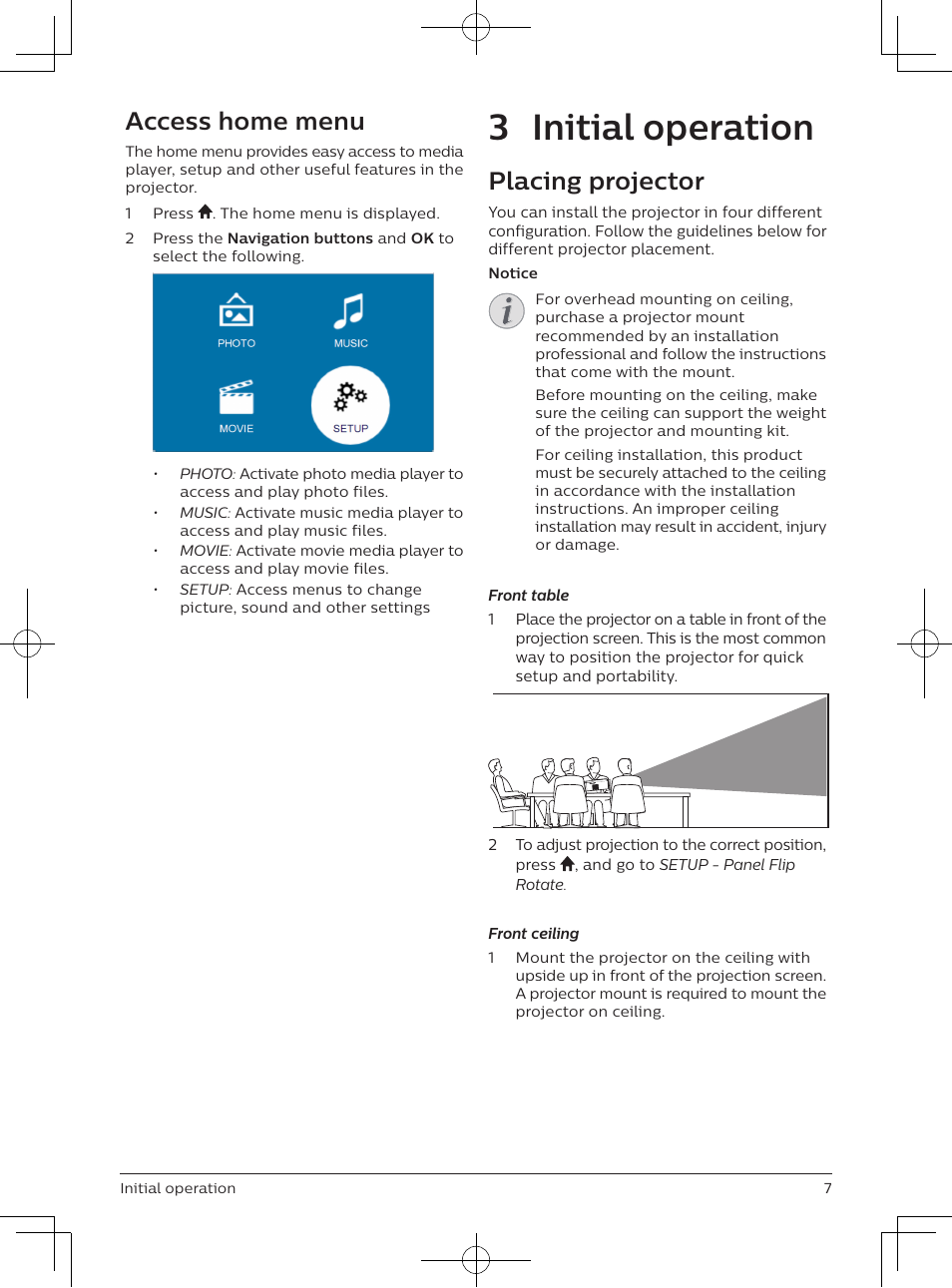 3 initial operation, Access home menu, Placing projector | Philips NeoPix Easy 2+ HD LCD Projector User Manual | Page 8 / 154