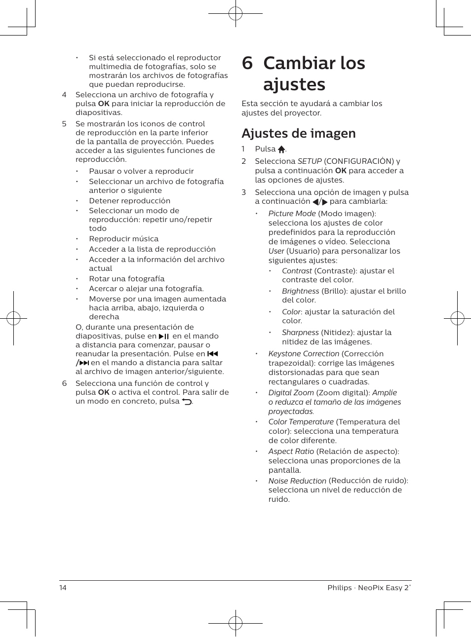 6 cambiar los ajustes, Ajustes de imagen | Philips NeoPix Easy 2+ HD LCD Projector User Manual | Page 80 / 154