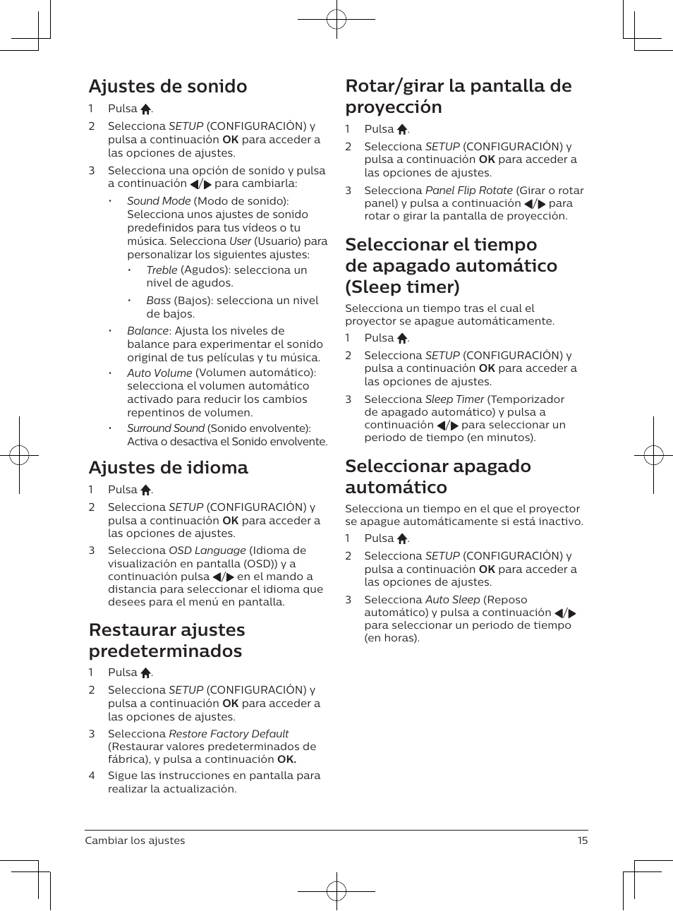 Ajustes de sonido, Ajustes de idioma, Restaurar ajustes predeterminados | Rotar/girar la pantalla de proyección, Seleccionar apagado automático | Philips NeoPix Easy 2+ HD LCD Projector User Manual | Page 81 / 154