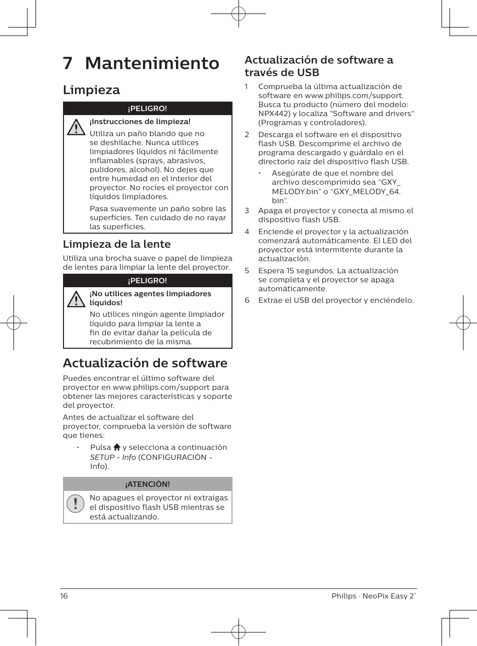 7 mantenimiento, Limpieza, Actualización de software | Limpieza de la lente, Actualización de software a través de usb | Philips NeoPix Easy 2+ HD LCD Projector User Manual | Page 82 / 154