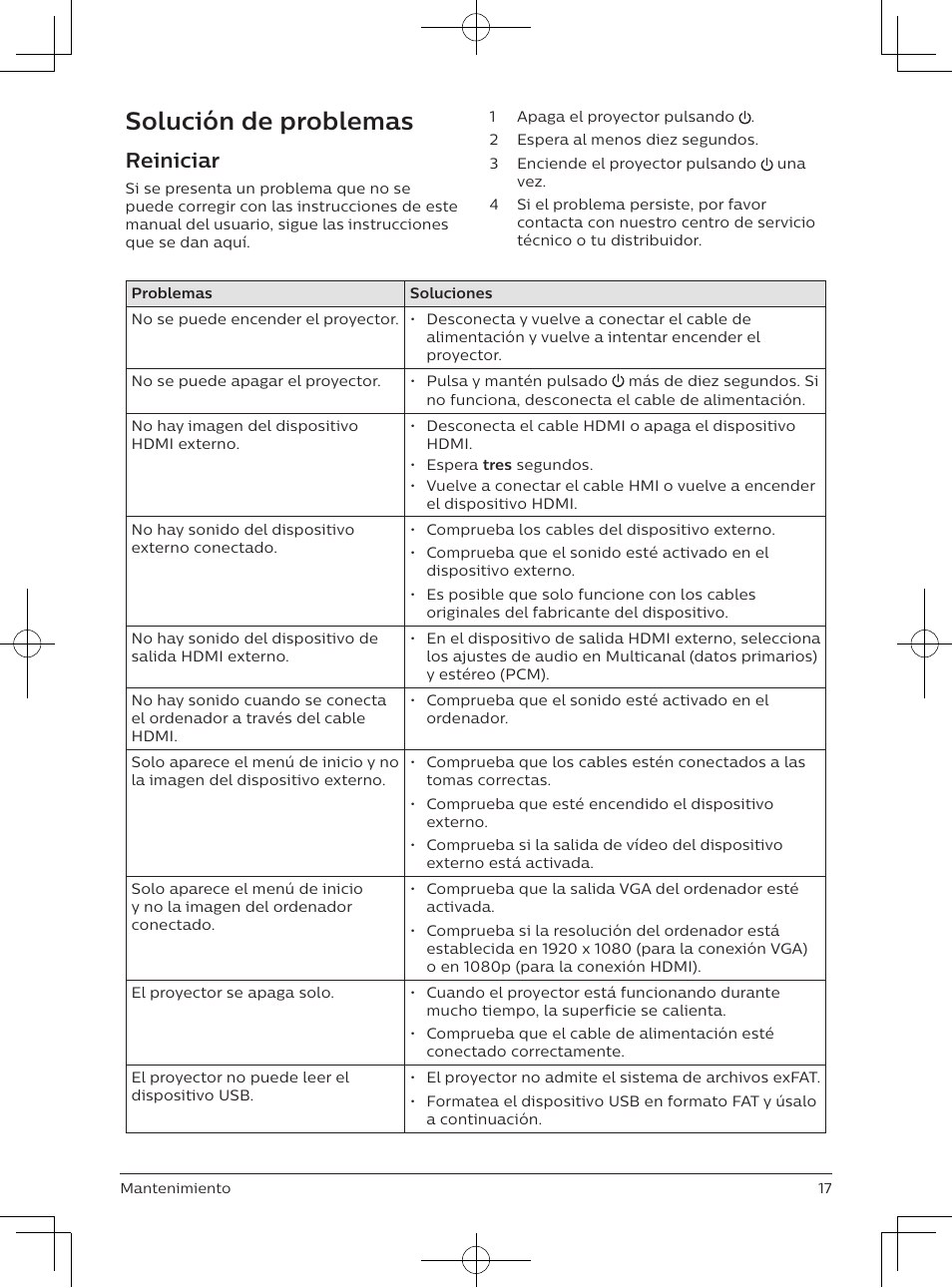 Solución de problemas, Reiniciar | Philips NeoPix Easy 2+ HD LCD Projector User Manual | Page 83 / 154