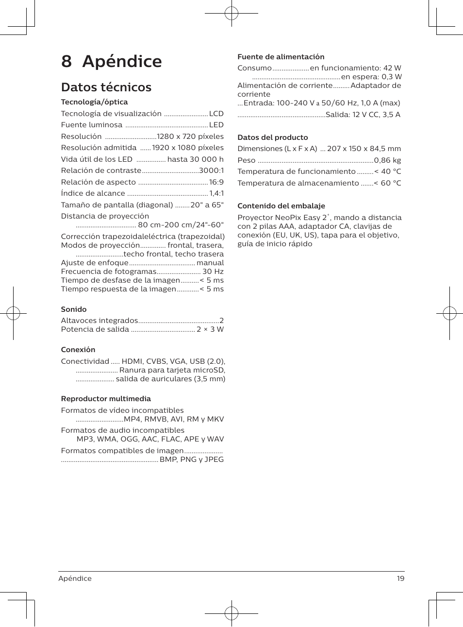 8 apéndice, Datos técnicos | Philips NeoPix Easy 2+ HD LCD Projector User Manual | Page 85 / 154