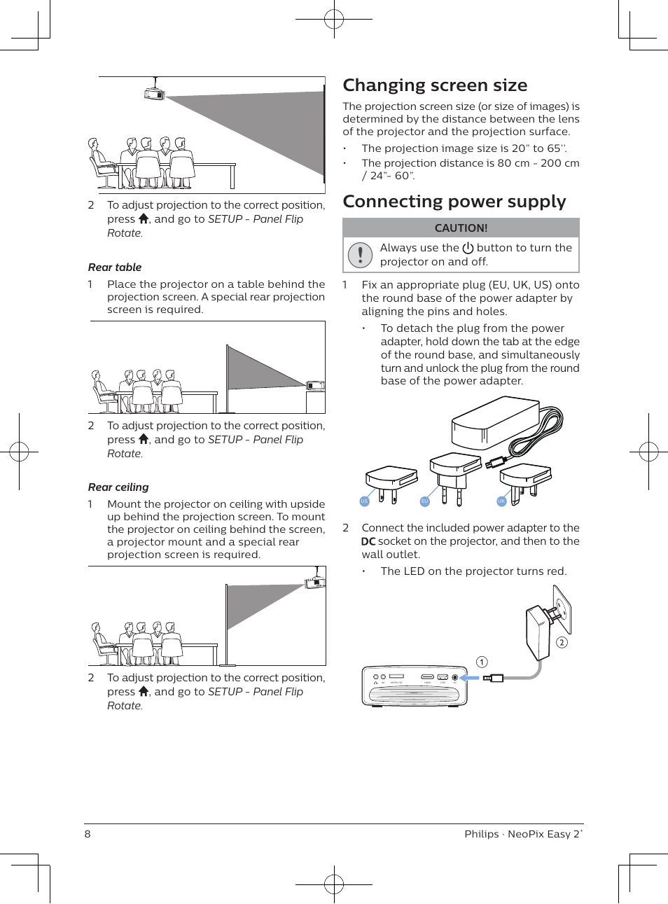 Changing screen size, Connecting power supply | Philips NeoPix Easy 2+ HD LCD Projector User Manual | Page 9 / 154