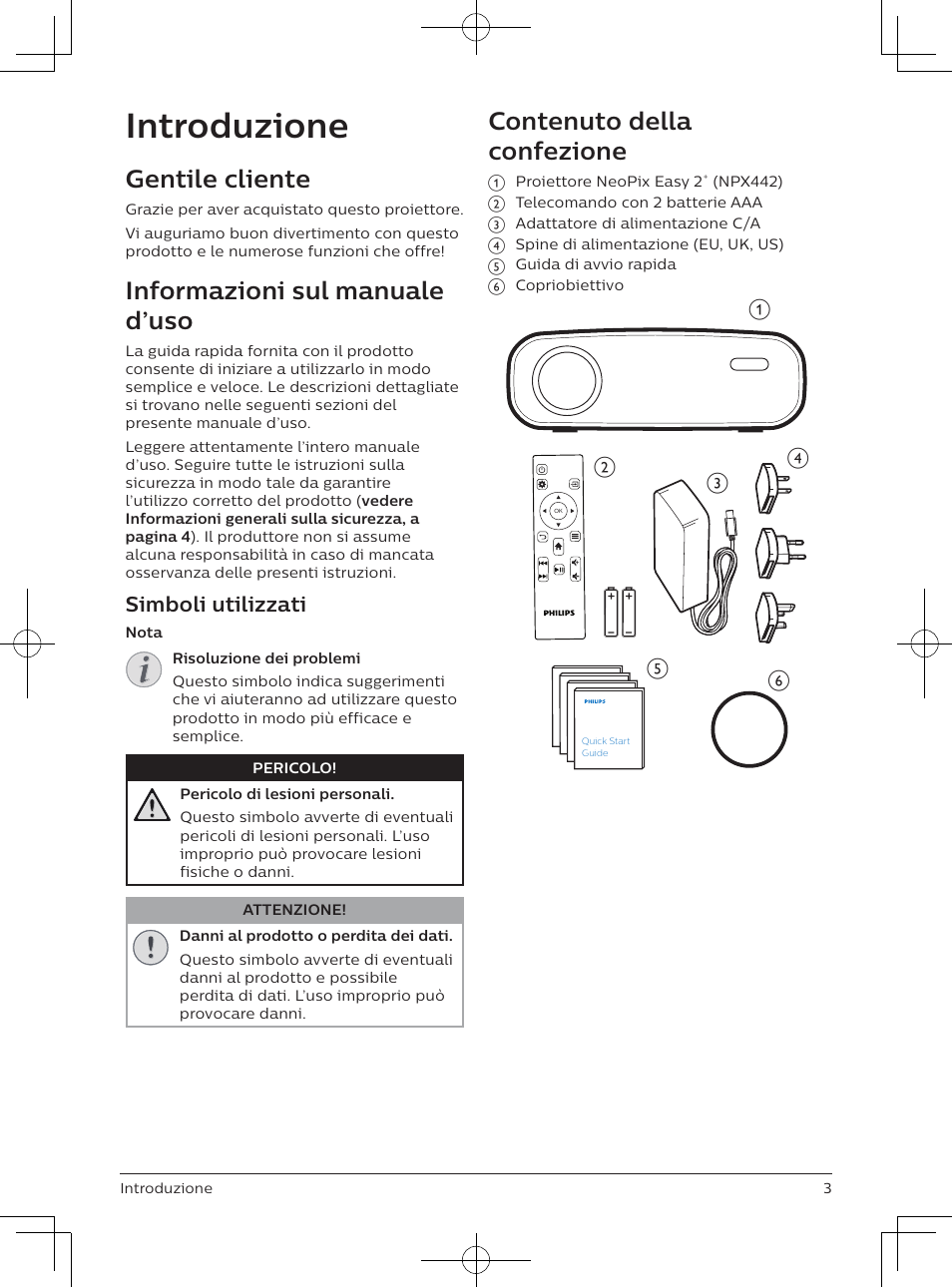 Introduzione, Gentile cliente, Informazioni sul manuale d’uso | Contenuto della confezione, Simboli utilizzati | Philips NeoPix Easy 2+ HD LCD Projector User Manual | Page 91 / 154