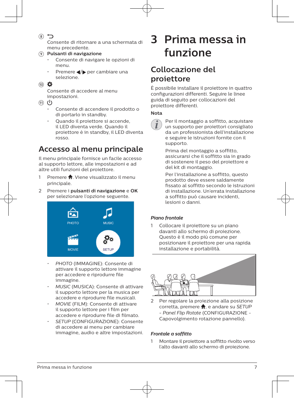 3 prima messa in funzione, Accesso al menu principale, Collocazione del proiettore | Philips NeoPix Easy 2+ HD LCD Projector User Manual | Page 95 / 154