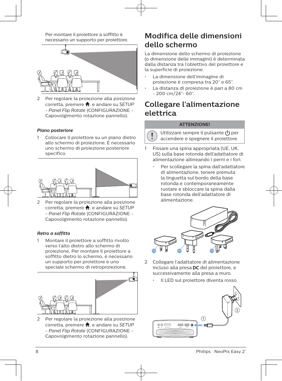 Modifica delle dimensioni dello schermo, Collegare l’alimentazione elettrica | Philips NeoPix Easy 2+ HD LCD Projector User Manual | Page 96 / 154