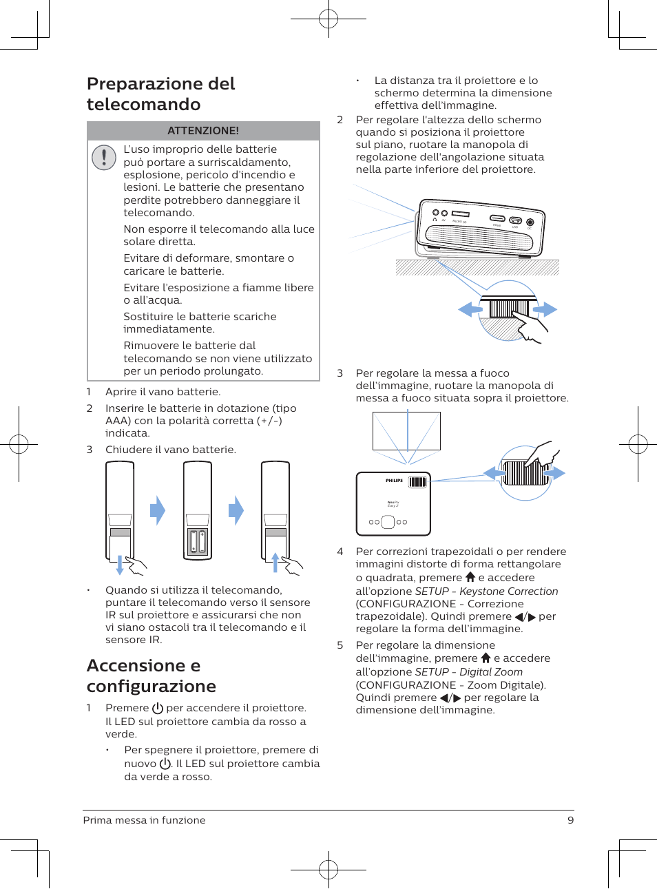 Preparazione del telecomando, Accensione e configurazione | Philips NeoPix Easy 2+ HD LCD Projector User Manual | Page 97 / 154