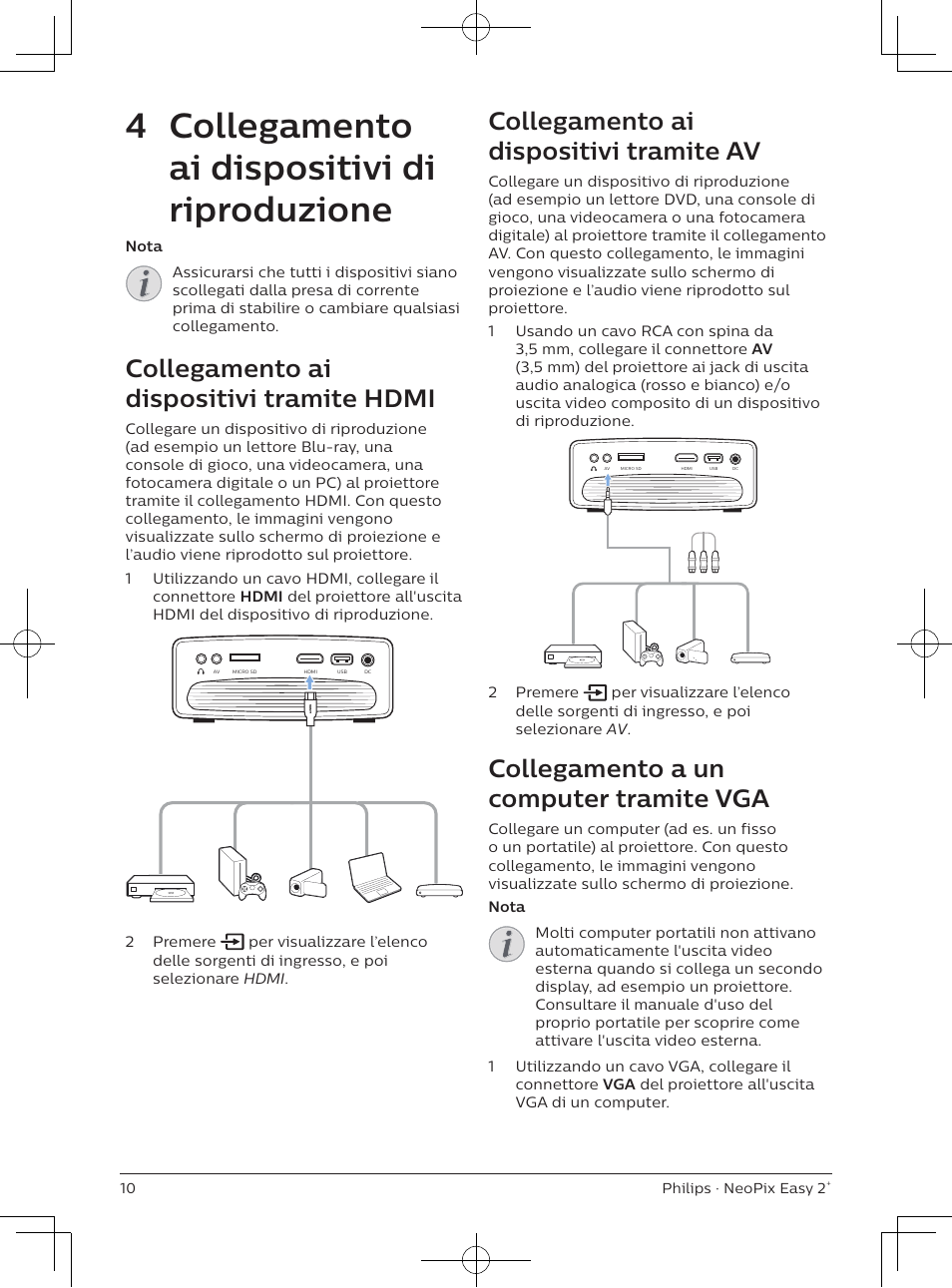 4 collegamento ai dispositivi di riproduzione, Collegamento ai dispositivi tramite hdmi, Collegamento ai dispositivi tramite av | Collegamento a un computer tramite vga | Philips NeoPix Easy 2+ HD LCD Projector User Manual | Page 98 / 154