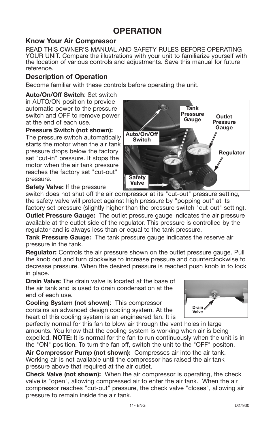 Operation, Know your air compressor, Description of operation | Delta ShopMaster CP200 User Manual | Page 11 / 18