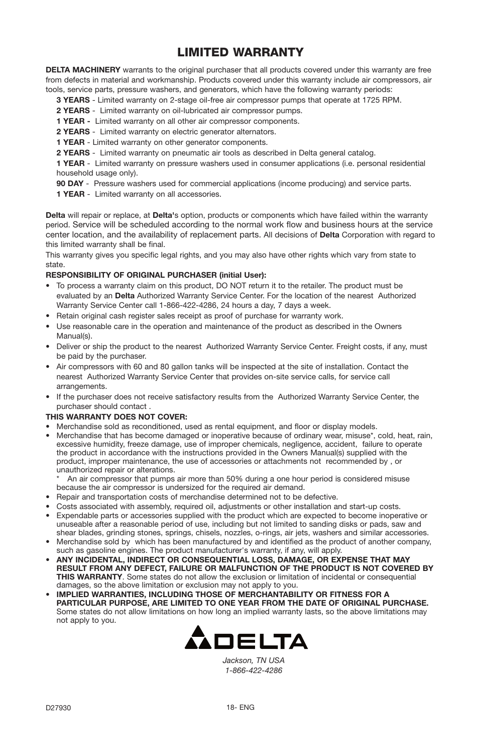 Limited warranty | Delta ShopMaster CP200 User Manual | Page 18 / 18