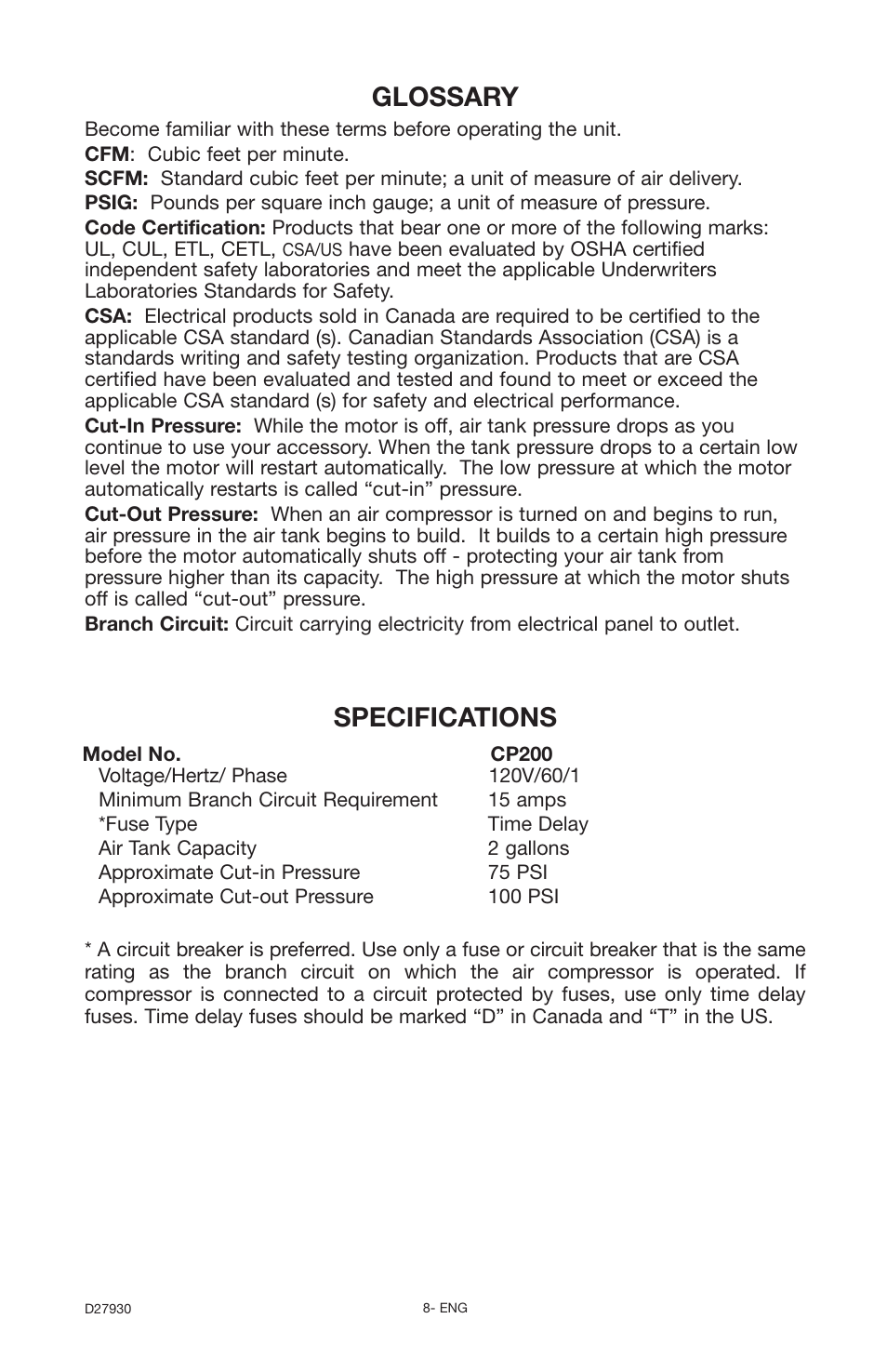Glossary, Specifications | Delta ShopMaster CP200 User Manual | Page 8 / 18