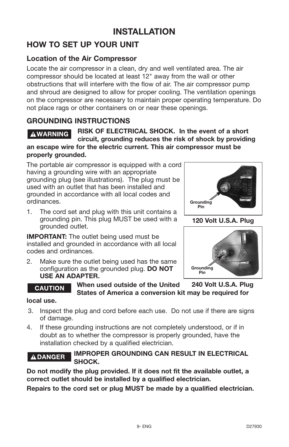 Installation, How to set up your unit, Location of the air compressor | Grounding instructions | Delta ShopMaster CP200 User Manual | Page 9 / 18