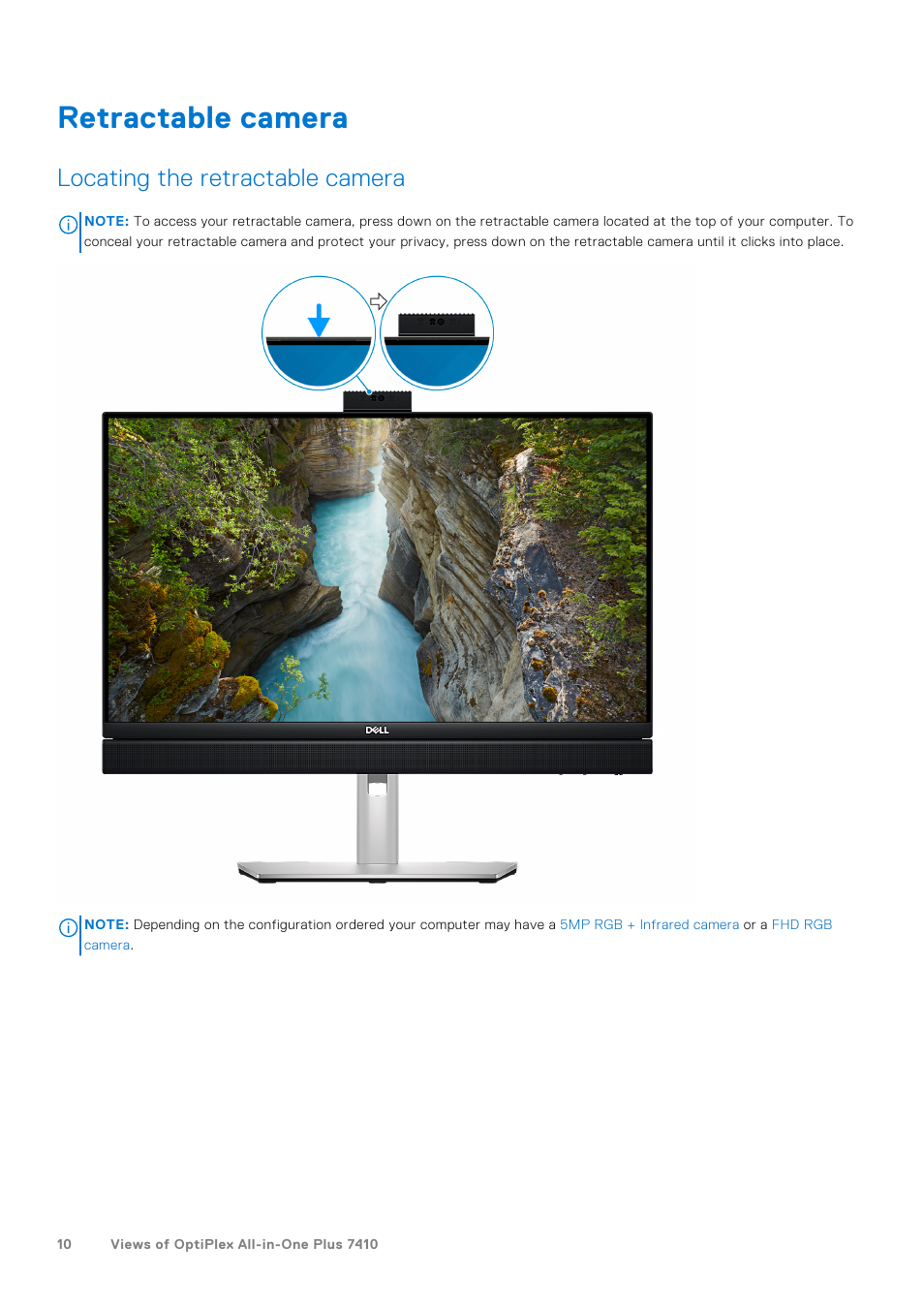 Retractable camera, Locating the retractable camera | Dell 23.8" OptiPlex 7410 All-in-One Desktop Computer (Gray) User Manual | Page 10 / 129
