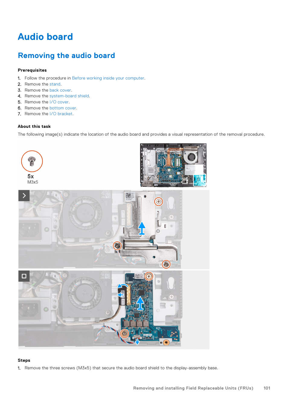 Audio board, Removing the audio board | Dell 23.8" OptiPlex 7410 All-in-One Desktop Computer (Gray) User Manual | Page 101 / 129