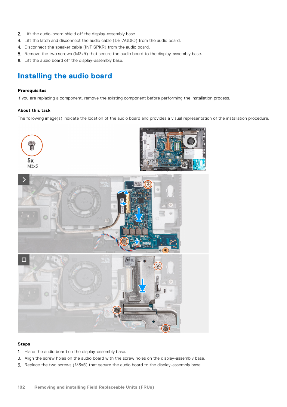 Installing the audio board | Dell 23.8" OptiPlex 7410 All-in-One Desktop Computer (Gray) User Manual | Page 102 / 129