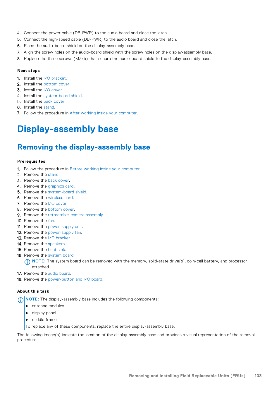 Display-assembly base, Removing the display-assembly base | Dell 23.8" OptiPlex 7410 All-in-One Desktop Computer (Gray) User Manual | Page 103 / 129