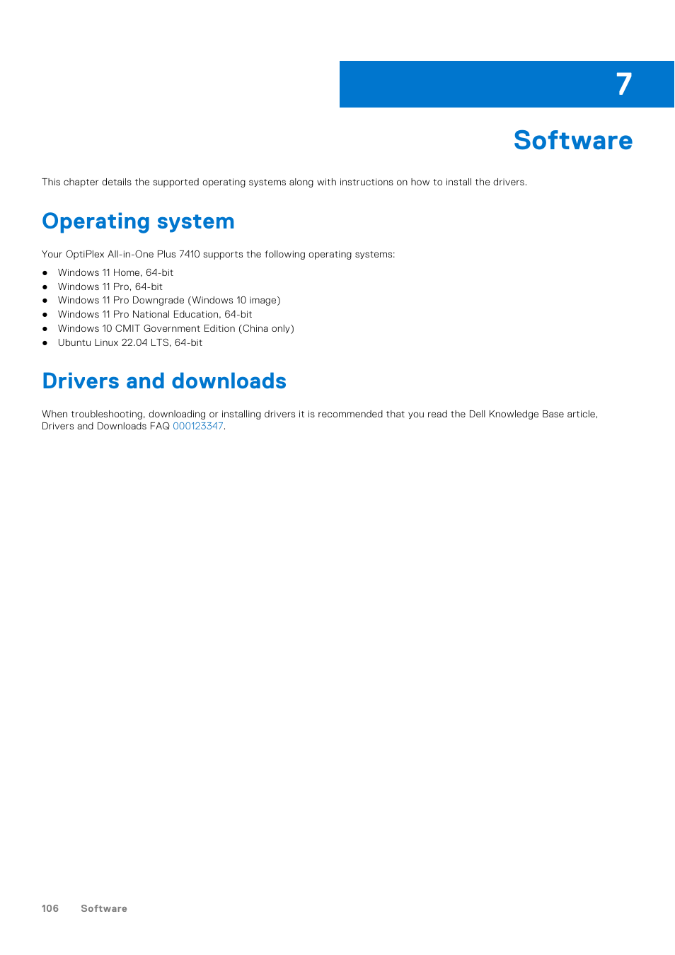 Software, Operating system, Drivers and downloads | Chapter 7: software, Operating system drivers and downloads | Dell 23.8" OptiPlex 7410 All-in-One Desktop Computer (Gray) User Manual | Page 106 / 129