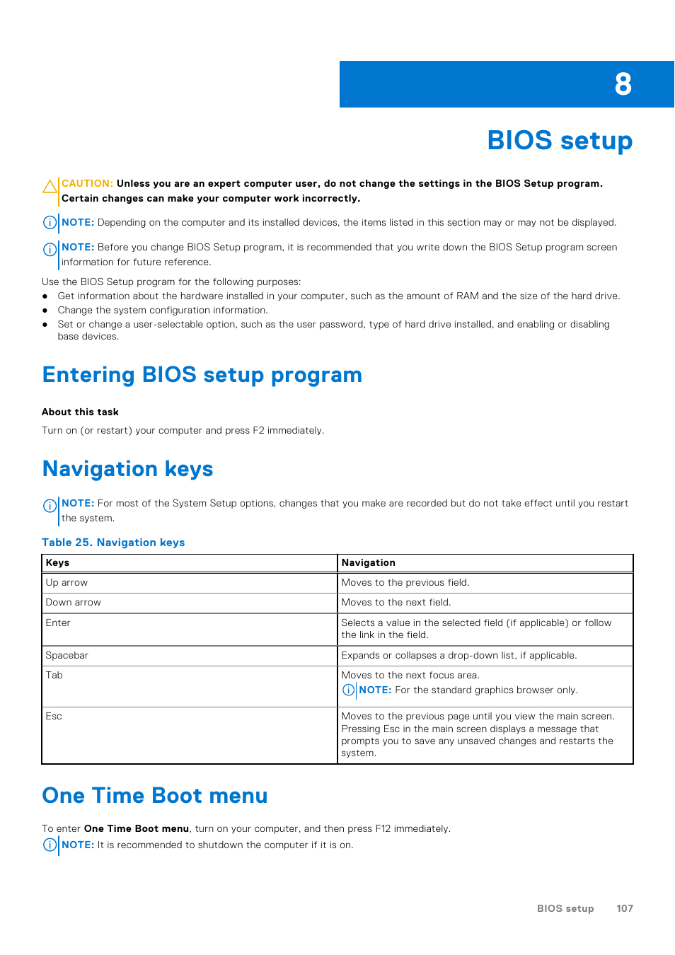 Bios setup, Entering bios setup program, Navigation keys | One time boot menu, Chapter 8: bios setup | Dell 23.8" OptiPlex 7410 All-in-One Desktop Computer (Gray) User Manual | Page 107 / 129