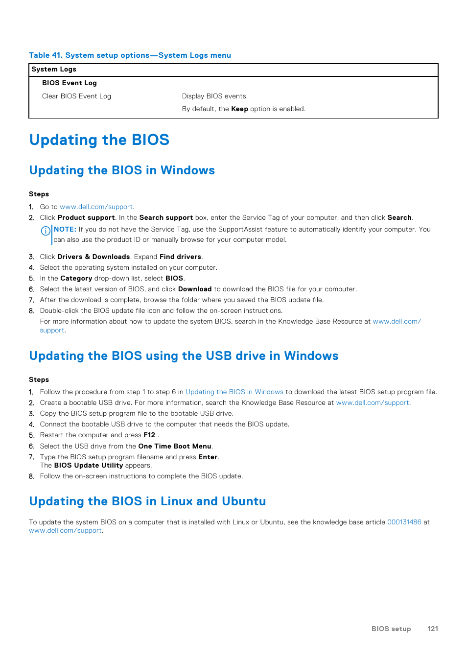 Updating the bios, Updating the bios in windows, Updating the bios using the usb drive in windows | Updating the bios in linux and ubuntu | Dell 23.8" OptiPlex 7410 All-in-One Desktop Computer (Gray) User Manual | Page 121 / 129