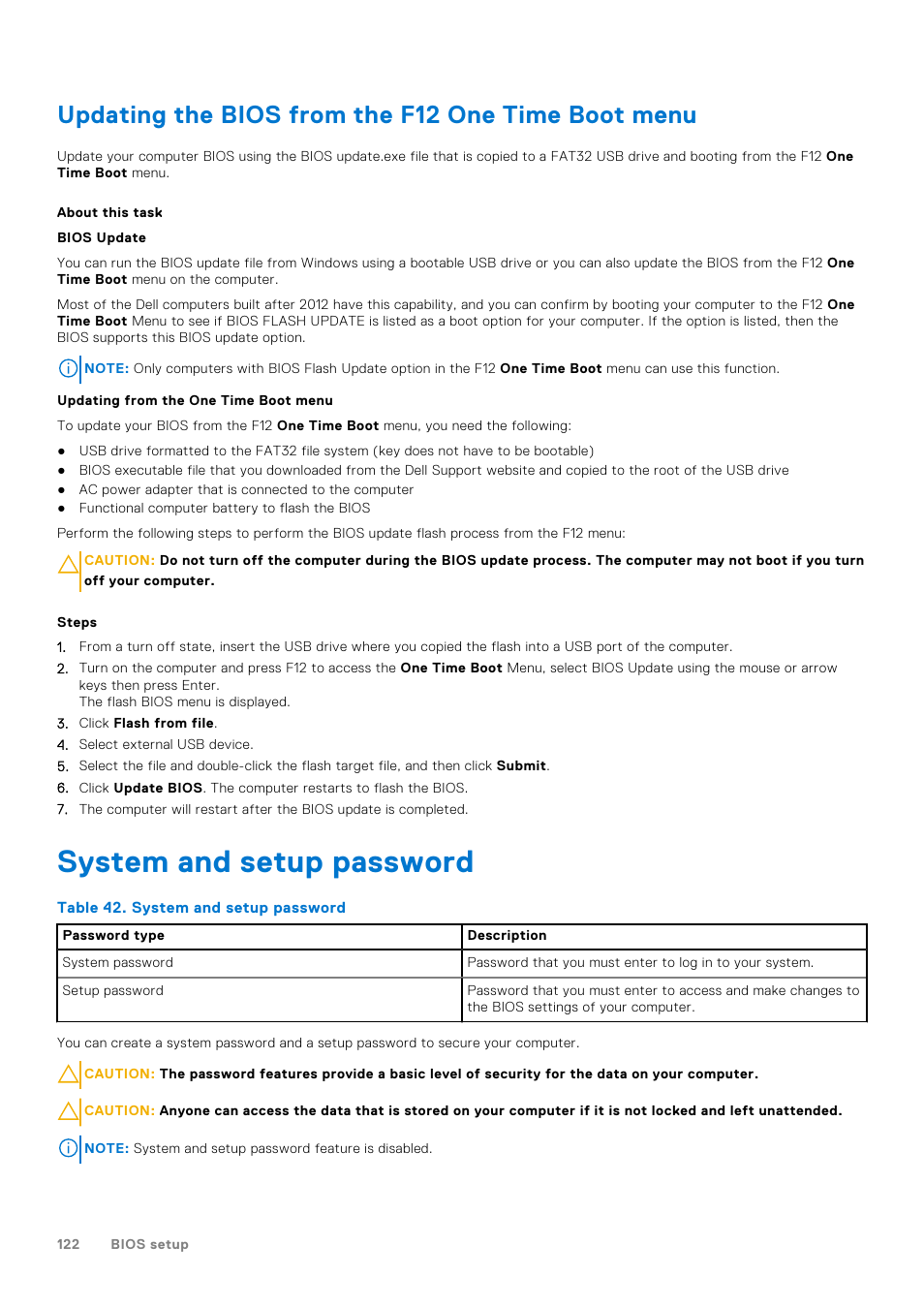 Updating the bios from the f12 one time boot menu, System and setup password | Dell 23.8" OptiPlex 7410 All-in-One Desktop Computer (Gray) User Manual | Page 122 / 129