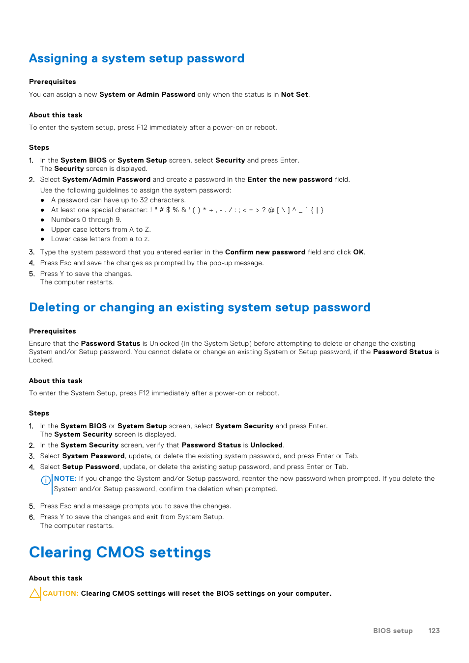 Assigning a system setup password, Clearing cmos settings | Dell 23.8" OptiPlex 7410 All-in-One Desktop Computer (Gray) User Manual | Page 123 / 129
